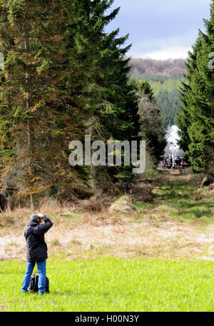 Ein Fotograf fängt den Anblick von einem Dampfzug durch eine Lücke in den Bäumen Levisham Station nähert. Stockfoto