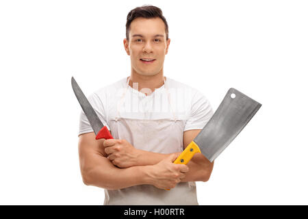 Metzger holding, einem Beil und einem Messer isoliert auf weißem Hintergrund Stockfoto