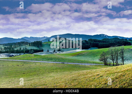 Blick auf die Ammergauer Alpen im späten Herbst, Deutschland, Bayern, Wildsteig Stockfoto