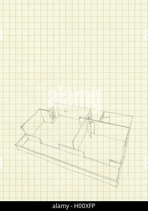 Digitale 2d Illustration Freihand Skizze Zeichnung leer nach Hause Wohnung auf quadratischen Papier Stockfoto