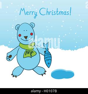 Eisbär stehend neben dem Eisloch Fisch gefangen und gratulierte allen zu Weihnachten Stock Vektor