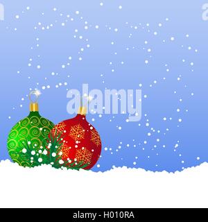 Grüne und rote Weihnachtskugeln auf dem Schnee Stock Vektor