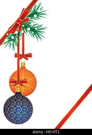 Orange und blaue Kugeln verziert mit goldenen Mustern an den Weihnachtsbaum hängen Stock Vektor