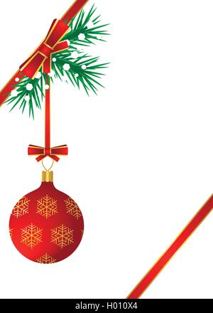 Rote Kugel verziert mit Schneeflocken hängt an den Weihnachtsbaum Stock Vektor