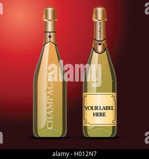 Vektor Wein-Flaschen-Mockup mit Ihrem Label hier Text. Goldene Flasche Champagner Wein mit gold caps Stock Vektor