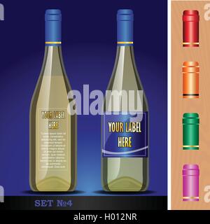 Vektor Wein-Flaschen-Mockup mit Ihrem Label hier Text. Blaue Flasche und gelber Wein. Rot, orange, grün und rosa Kappen Stock Vektor