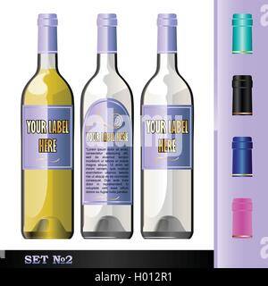 Vektor Wein-Flaschen-Mockup mit Ihrem Label hier Text. Weiße Flasche und gelber Wein. Schwarz, grün, blau und rosa Kappen Stock Vektor