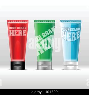Vektor-Reihe von farbigen Kunststoffschlauch rot, grün und blau mit schwarzen und silbernen Kappen für Creme oder Gel Modell bereit für Ihr design Stock Vektor