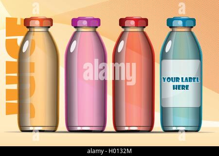 Vektor-Set von transparentem Glas oder Kunststoff orange, blau, rot und rosa Flüssigkeitsflasche mit Kappen für Saft Modell bereit für Ihre de Stock Vektor