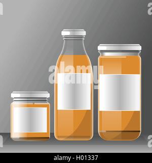 Vektor-set Klarglas oder orange Flüssigkeit Plastikflasche mit Kappen für Saft-Mock-up bereit für Ihr design Stock Vektor
