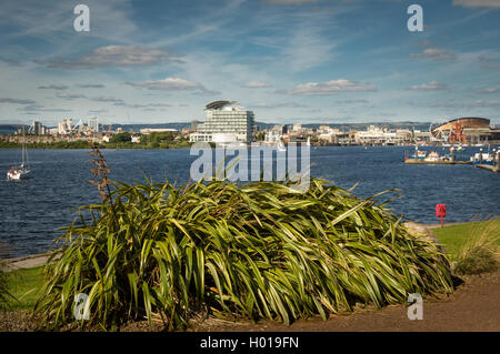 Ein breites abgewinkelt Schuss von Cardiff Bay von der Flut zeigt St. Davids Hotel sowie die WMC walisischen Millennium Center Stockfoto