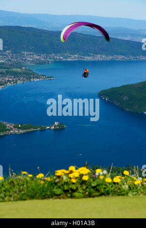 Paragliding über den See von Annecy, Frankreich, Haute-Savoie Stockfoto