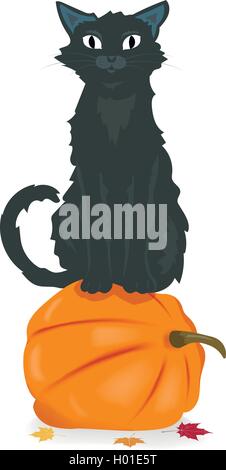 Schwarze Katze auf Halloween-Kürbis Stock Vektor