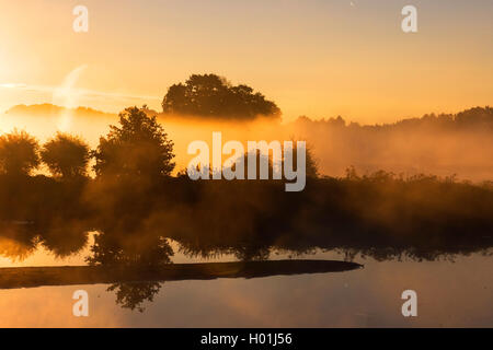 Sonnenaufgang mit morgennebel am Naturschutzgebiet Steinhorster Becken, Deutschland, Nordrhein-Westfalen Stockfoto