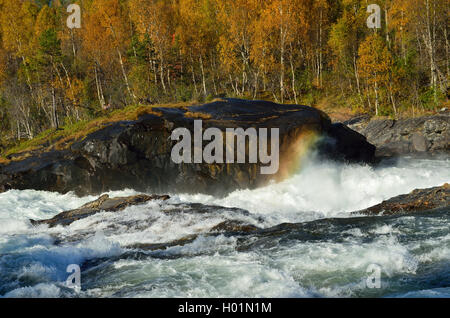 mächtigen Wasserfall im Herbst mit bunten Wald und kleine Regenbogen erstellt von Wassernebel Stockfoto