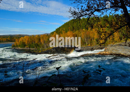 mächtigen Wasserfall im Herbst mit bunten Wald und kleine Regenbogen erstellt von Wassernebel Stockfoto