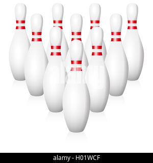 Bowling-Pins - Ausgangsposition - Abbildung auf weißem Hintergrund. Stockfoto