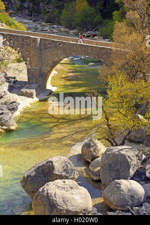 Wanderer auf einer Brücke über den Fluss MÚouge, Frankreich, Provence, Laragne Monteglin Stockfoto