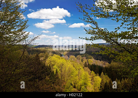 Oberbergisches Land, in der Nähe der Lager See Genkeltalsperre im Frühjahr, Deutschland, Nordrhein-Westfalen, Bergisches Land, Marienheide Stockfoto
