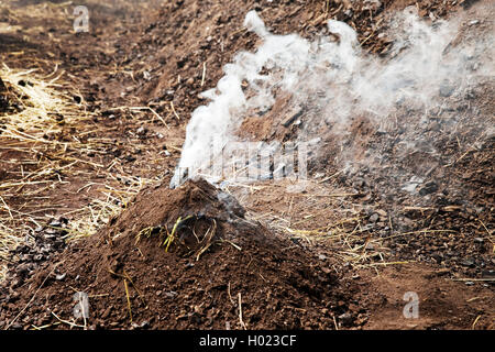 Rauchen Holzkohle Pile, Deutschland, Nordrhein-Westfalen, Ruhrgebiet, Ennepetal Stockfoto