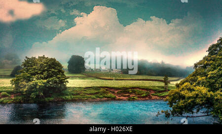 eine schöne englische Landschaft mit Fluss und Bauernhaus Stockfoto