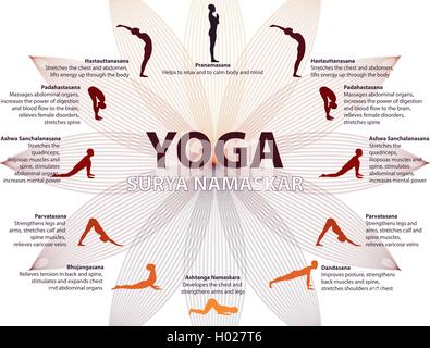 Yoga Infografiken, Surya Namaskar Sequenz Stock Vektor