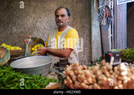 MUMBAI, Indien - 11. Januar 2015: Anbieter in Andheri Obstmarkt setzen Zitronen in Tasche. Stockfoto