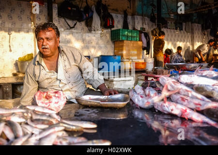 MUMBAI, Indien - 8. Januar 2015: Arbeiter auf einem Fischmarkt posiert beim warten auf Kunden. Stockfoto