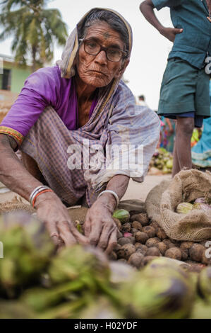 KAMALAPURAM, Indien - 2. Februar 2015: ältere indische Frau verkaufen Gemüse auf einem Markt in der Nähe von Hampi Stockfoto