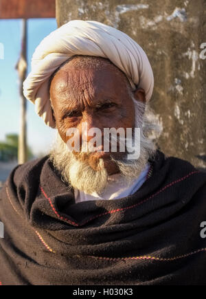 GODWAR REGION, Indien - 14. Februar 2015: ältere Stammesangehörige mit weißen Turban und dunkle Decke. Rabari oder Rewari sind eine indische co Stockfoto
