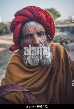 GODWAR REGION, Indien - 14. Februar 2015: ältere Rabari Stammesangehörige mit roten Turban und Decke um die Schultern. Post-Prozess Stockfoto