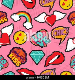 Nahtlose Muster mit rosa Mädchen Ikonen im Pop-Art-Stil, Emoji, Liebe und Regenbogen Stich Patches. EPS10 Vektor Hintergrund. Stock Vektor