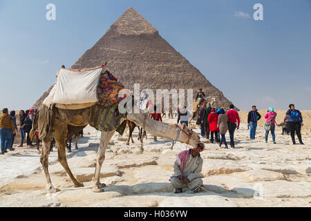 Kairo, Ägypten - 3. Februar 2016: Lokale Mann mieten Kamel Touristen vor den Pyramiden von Gizeh. Stockfoto