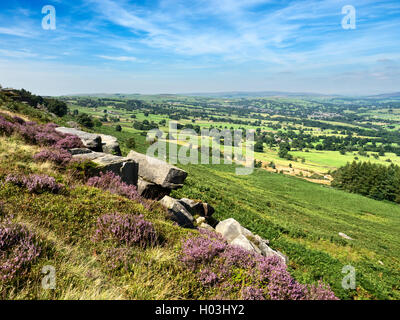 Blick über Wharfedale aus Woodhouse Crag Ilkley Moor West Yorkshire England Stockfoto