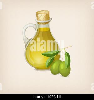 Eine Flasche Olivenöl und Zweig der Oliven. Vektor-Illustration. Stock Vektor