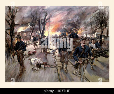 Die Munition zu trainieren und Reserven von der 20. Kansas Freiwilligen marschieren durch Caloocan in der Nacht nach der Schlacht von 10. Februar 1899 in den frühen Stadien des Philippinisch-Amerikanischen Krieges.  Nach der Zeichnung von g.w. Peters. Stockfoto