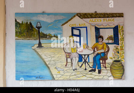 Eine bunt bemalte Cafébar anmelden Gaios auf Paxos, die Ionische Inseln, Griechenland, Europa Stockfoto