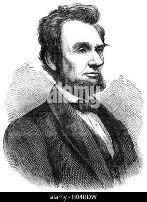 Abraham Lincoln (1809 – 1865), US-amerikanischer Politiker und Jurist, der bis zu seiner Ermordung im April 1865 als 16. Präsident der Vereinigten Staaten vom März 1861 diente.  Führte er die Vereinigten Staaten durch die konstitutionelle und politische Krise des Bürgerkriegs, die Union erhalten die Sklaverei abgeschafft, verstärkt die Bundesregierung und modernisiert die Wirtschaft. Stockfoto