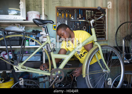 Zweiradmechaniker Wartung ein Fahrrad in seiner Werkstatt, Cape Town, Südafrika Stockfoto