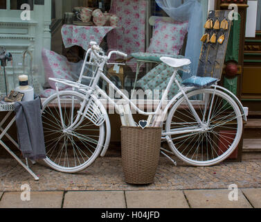 Vintage stilisierte Foto von alten Fahrrad-tragenden Blumentöpfe und Koffer als Dekoration. Stockfoto