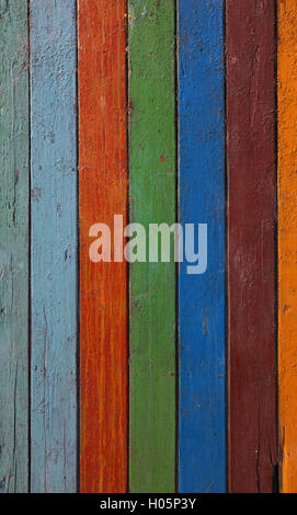 Multicolor alte Vintage Grunge schmutzig lackiert bunte Holzbohlen Hintergrundtextur hautnah Stockfoto