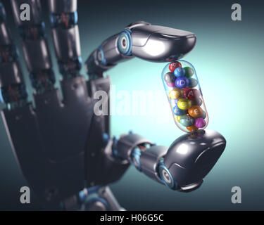 3D Illustration. Roboterhand hält eine Multivitamine Pille. Stockfoto