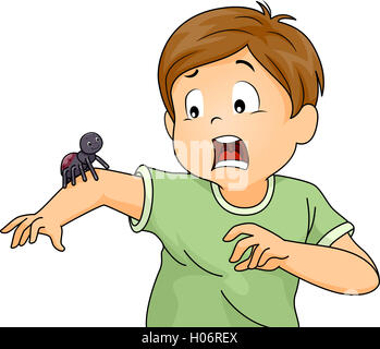 Abbildung eines kleinen Jungen, der von einer Spinne Angst Stockfoto