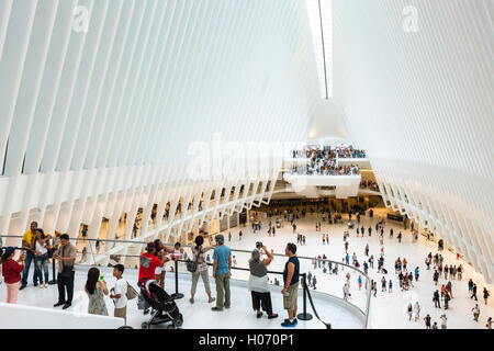 Shopper und Touristen genießen Sie den Blick und Selfies in der Mall Oculus/Westfield World Trade Center in New York City. Stockfoto