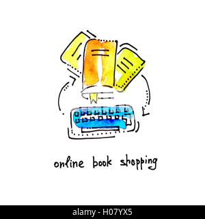 Aquarell Skizzensymbol Online-Buches einkaufen, Abstand Bildungssys Stock Vektor