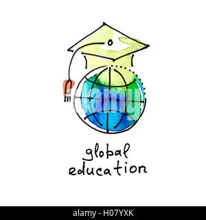 Aquarell-Symbol des globalen Lernens zu skizzieren, Entfernung Online-lear Stock Vektor