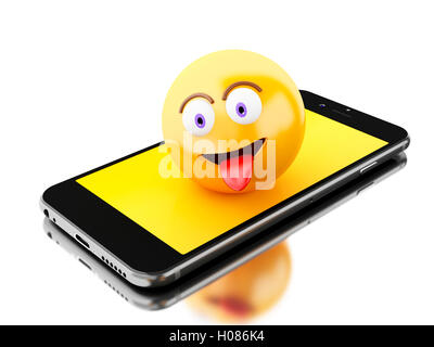 3D Illustration. Smartphone mit Emoji-Symbole. Social-Media-Konzept. Isolierten weißen Hintergrund Stockfoto