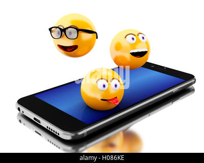 3D Illustration. Smartphone mit Emoji-Symbole. Social-Media-Konzept. Isolierten weißen Hintergrund Stockfoto