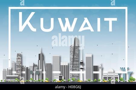 Kuwait-Stadt Skyline mit grauen Gebäude, blauem Himmel und weißen Rahmen. Vektor-Illustration. Geschäftsreisen und Tourismus-Konzept Stock Vektor