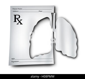 Lunge Medizin Konzept wie Asthma und Atemwegserkrankungen Medikamente für menschliche Lunge als Arzt Rezept Papier Hinweis, der Ausschnitt in der Form eines Organs mit 3D Abbildung Elementen ist. Stockfoto